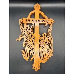 Vtg Angel Wooden Cross In Memory Wall Decor Religious Memorial Plaque 12.5" x 7"